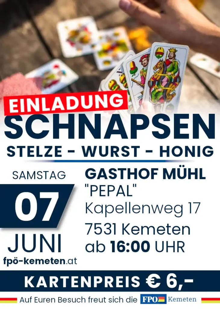 Stelze - Wurst - Honig - Schnapsen // Samstag 07.06.2025 ab 16:00 Uhr - 7531 Kemeten, Gasthof Mühl "Pepperl", Kapellenweg 17 // fpö-kemeten.at